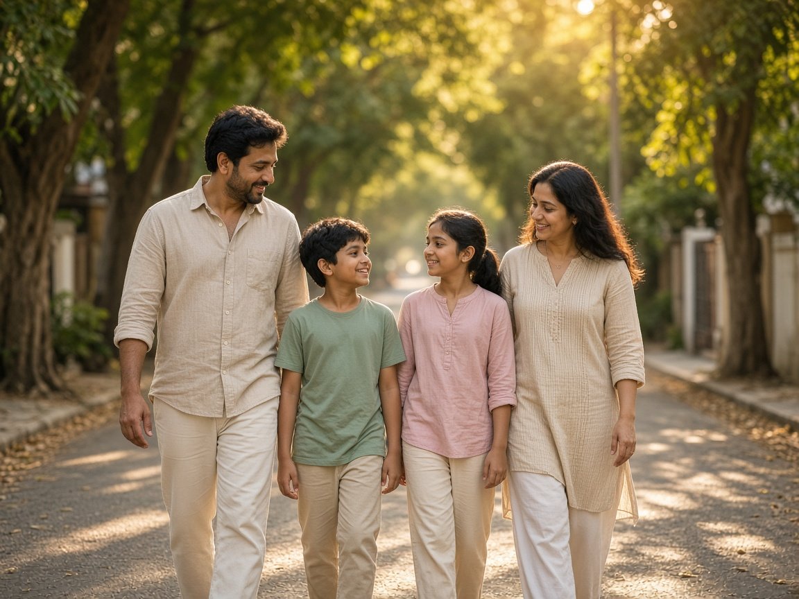 A family walking together on a tree-lined street